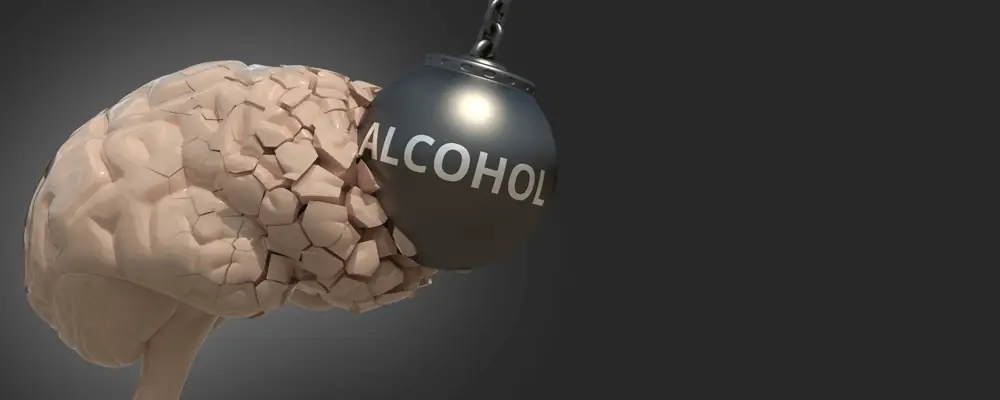 A human brain being struck by a wrecking ball labeled 'ALCOHOL,' symbolizing the damaging effects of alcohol on brain health.