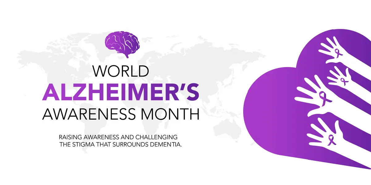 World Alzheimer's Awareness Month graphic with a purple brain, map, and hands with ribbons
