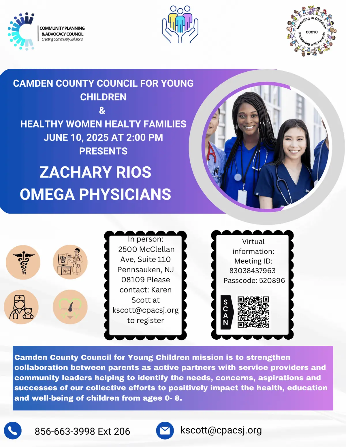 Flyer for Omega Physicians event featuring Dr. Zachary Rios, hosted by Camden County Council for Young Children and Healthy Women Healthy Families