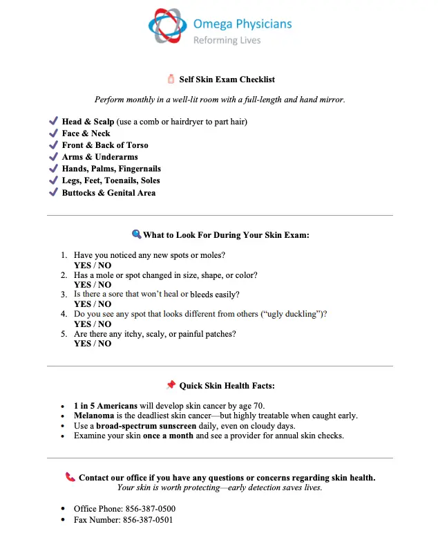 Self Skin Exam Checklist with step-by-step areas to examine and key signs to watch for during a monthly skin check