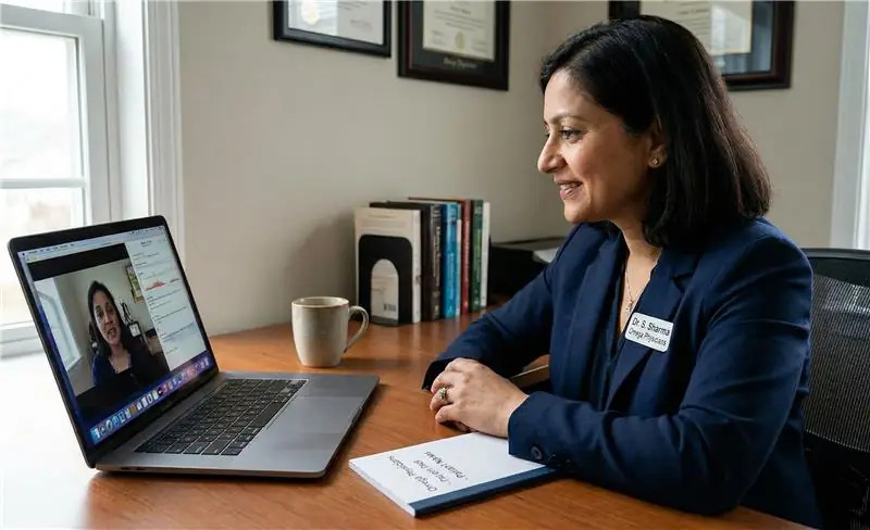 Patient engaging in a secure telehealth therapy session with Omega Physicians